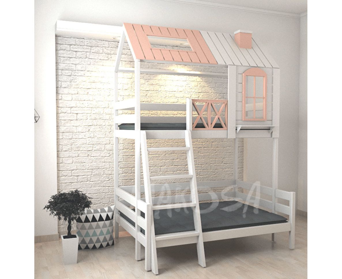 картинка Двухъярусная кровать-домик из массива Рассвет от магазина makosa.ru