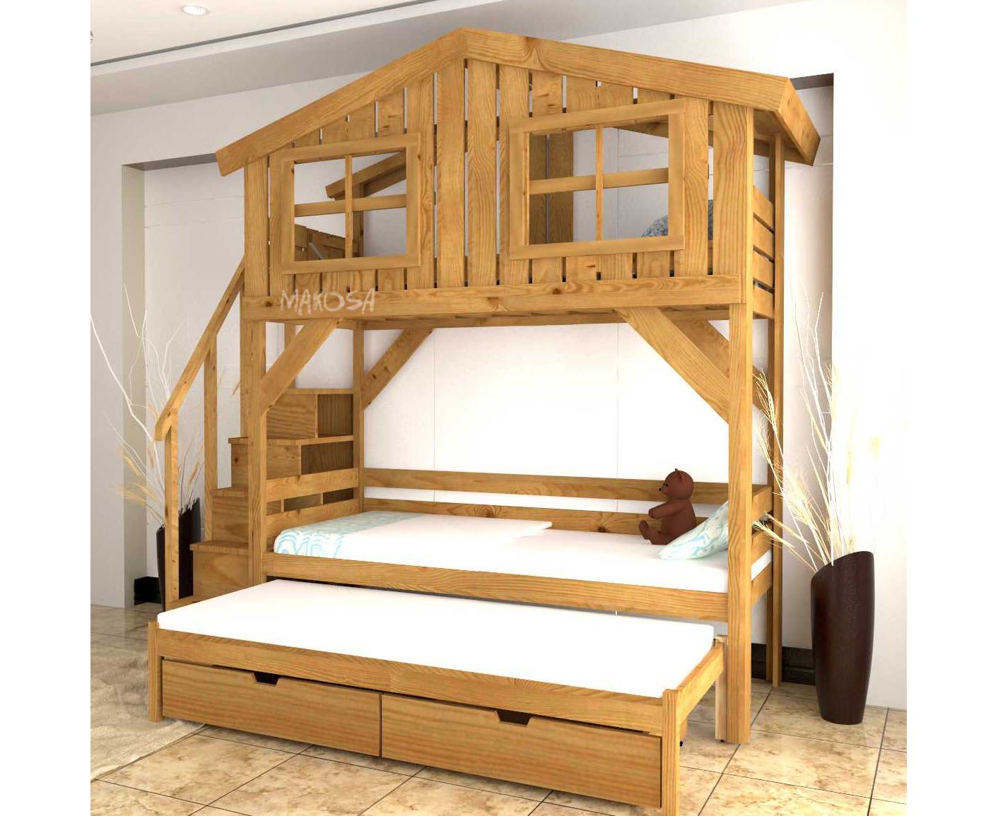 картинка Двухъярусная выдвижная кровать-домик из массива Колорадо от магазина makosa.ru