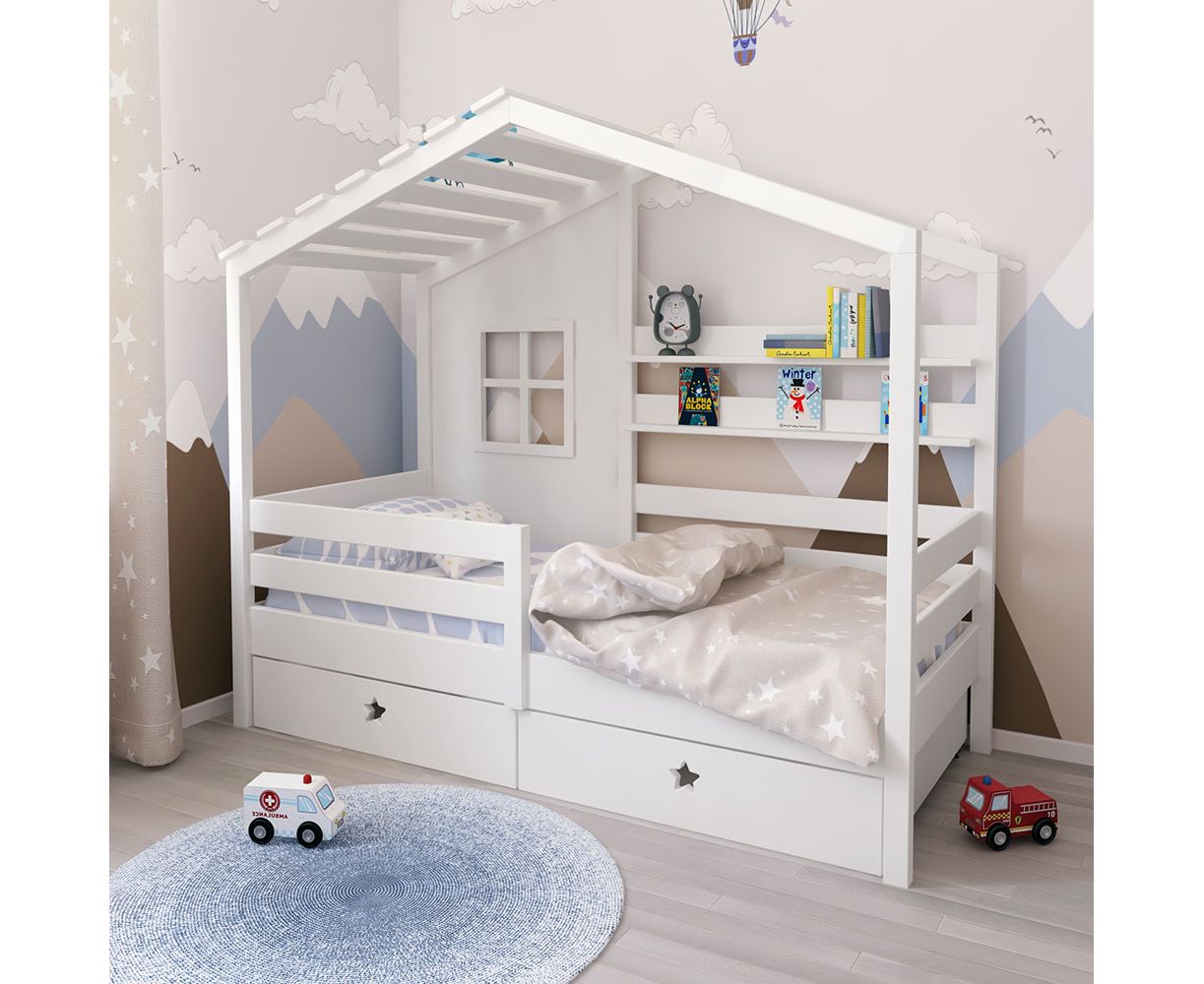 картинка Детская кровать домик с ящиками и полкой Морган-2 от магазина makosa.ru